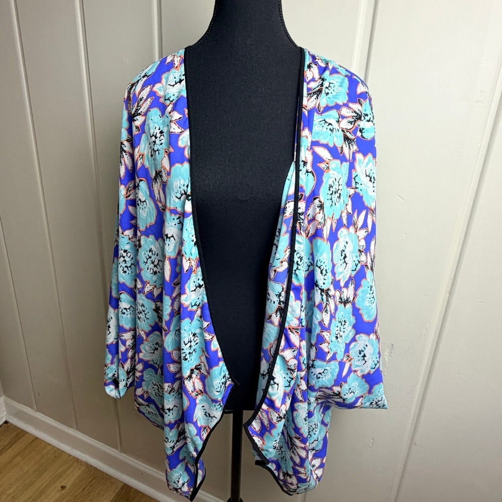 Kaari Blue Woman Floral Kimono Cardigan Blue Aqua Open Front Wrap 0X 1X Plus